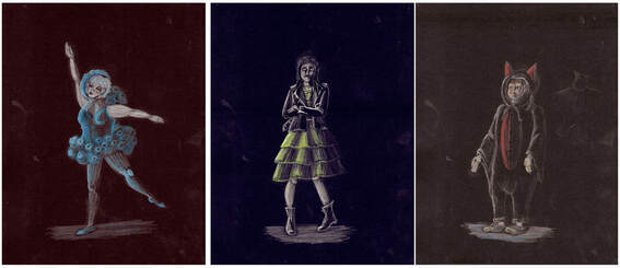 Colored pencils on black paper renderings of The Moon, Wednesday Addams, and Puglsey Addams